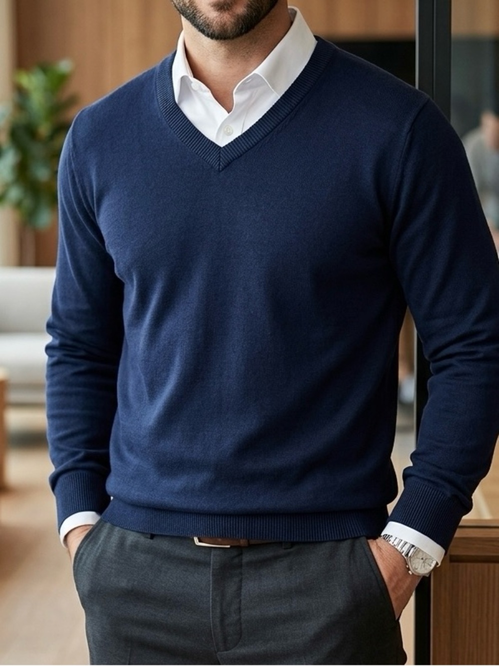 COOFANDY Men's V-Neck Dress Sweater Navy Blue Size XL